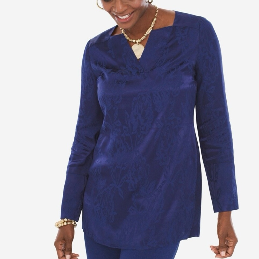 Chico’s Jacquard Satin Tunic Top Blue Size 1 - 8/10